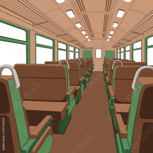 Inside the Train Car with Empty Seats.