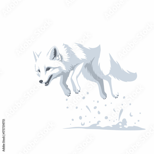 Arctic fox leaping through the snow, winter scene.
