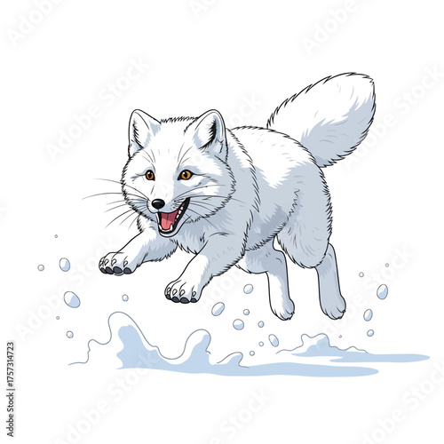 Arctic fox leaping through snow, joyful expression.