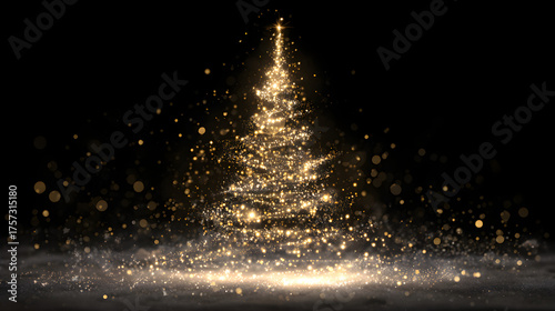 A beautiful Christmas tree made of golden bokeh glitter particles, dissolving into sparkling snow and starlight. Abstract and magical, designed for a transparent PNG background.