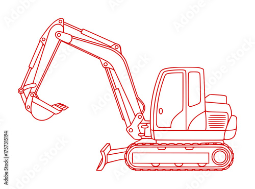 Red Line Drawing of a Compact Excavator on White Background