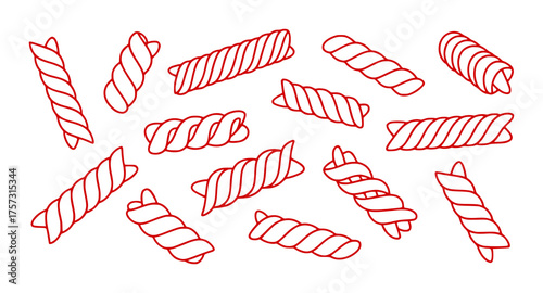 Red Twisted Pasta Shapes on White Background - Vector Illustration