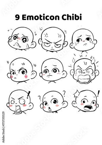 A set of 9 cute chibi emoticon faces showing various anime-style emotions such as happy, sad, angry, confused, and surprised. Perfect for stickers, character design references, manga art, emoji packs,