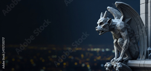 Geometric Gargoyle on a Ledge Halloween Banner, Low Poly Stone Monster Illustration with Cityscape Copy Space
