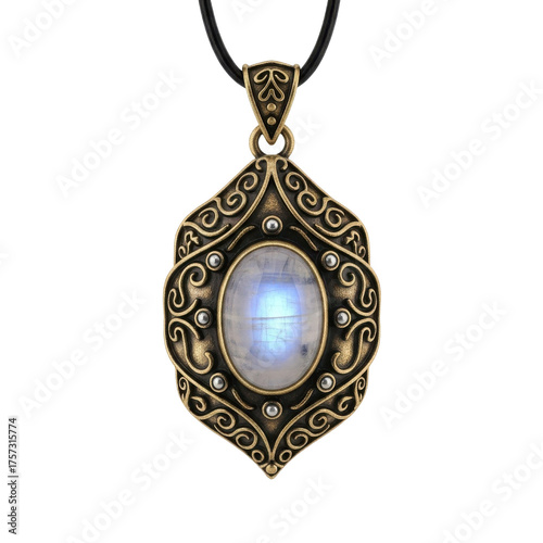 Ornate antique bronze pendant necklace featuring a central moonstone gemstone and detailed filigree. isolated PNG with Transparent Background