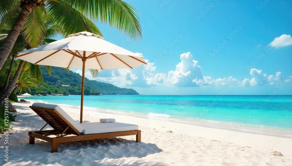 Fototapeta premium Relaxing beach scene with comfortable beds positioned under a large beach umbrella offering shade and comfort , holiday, tourism