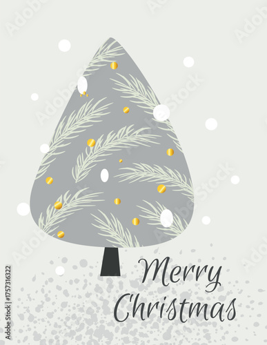 Winter tree with gold confetti, snow on grey background.  Vector illustration