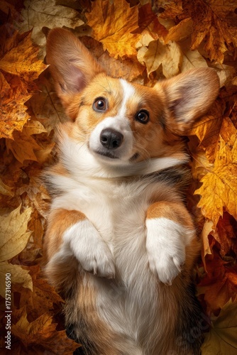 Adorable Pembroke Welsh Corgi puppy lying on its back surrounded by autumn leaves
