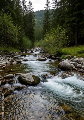 Forest River with Rocks and Trees | Tranquil Nature Scene for Environmental and Outdoor Travel Marketing