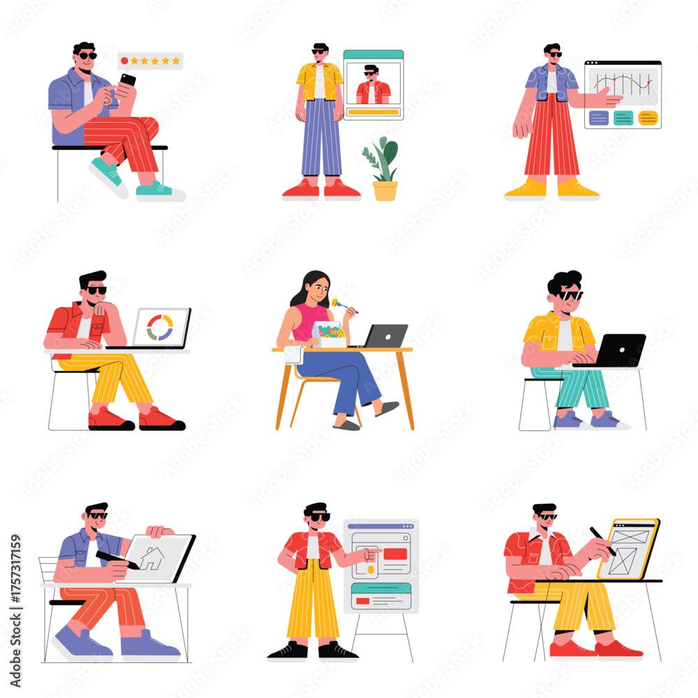 Naklejka premium People analyzing data and managing app interfaces illustrations set 4