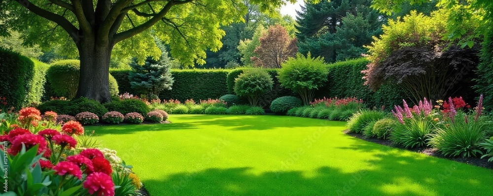 Obraz premium Serene backyard oasis featuring lush green lawn, vibrant flowerbeds, and mature trees creating a peaceful domestic landscape Perfect for relaxation and outdoor living , bushes, outdoor