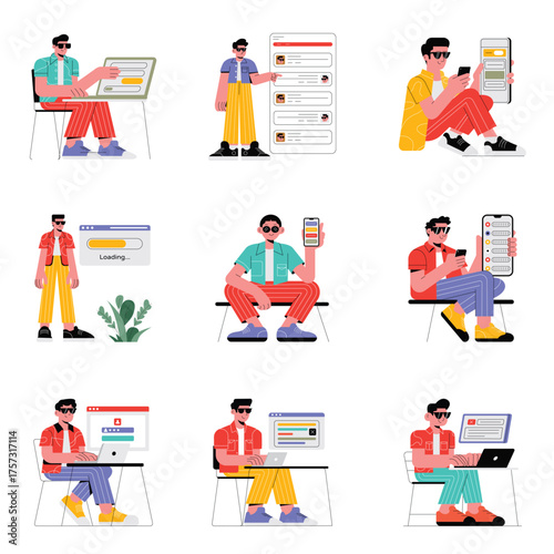 Freelancers and developers interacting with web dashboards illustrations set 3
