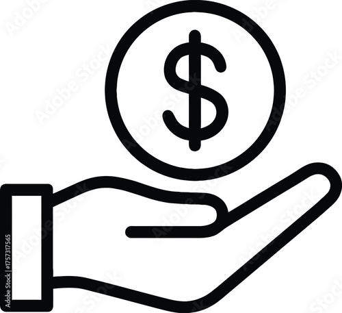 Hand holding dollar coin outline icon vector illustration design