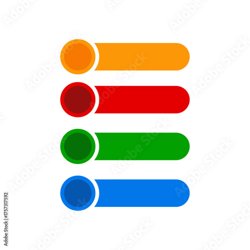 Four colorful rounded rectangular buttons with circles on a white background