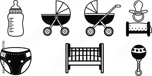 Baby care icon set, infant essentials illustration, stroller design, bottle feeding, crib bed, diaper, pacifier, rattle, childcare parenting concept