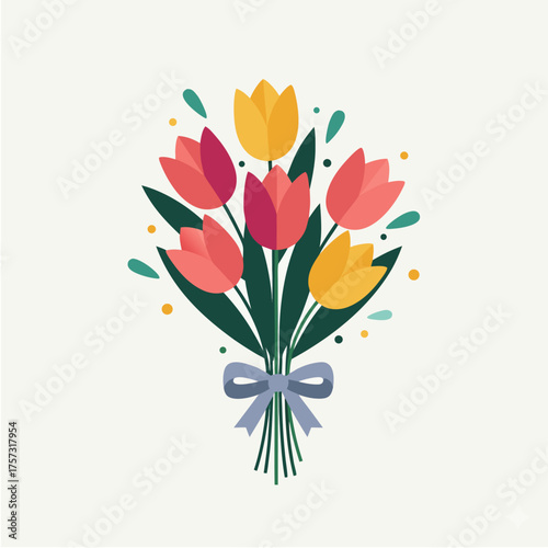 Vibrant and colorful spring tulip flower bouquet with a decorative ribbon bow