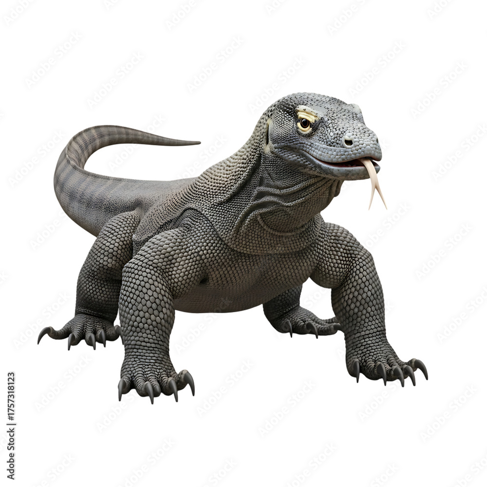 Obraz premium Komodo dragon prowls forward, tongue flicking, apex predator wildlife