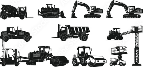 Black and white silhouettes of construction vehicles, heavy machinery, excavators, bulldozers, cement mixer, forklift, road roller, grader, scissor lift, dump truck