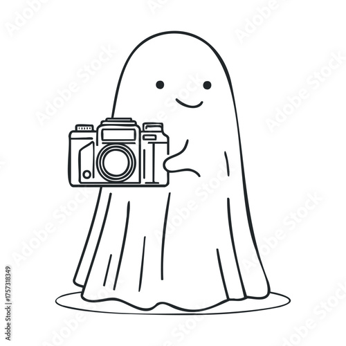 Cute ghost with camera ready for fun Halloween photography. Vector line illustration