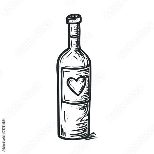 Hand drawn bottle design with heart symbol for romantic occasions. Vector hand drawn illustration