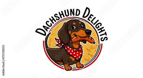 A charming cartoon logo featuring a happy dachshund dog wearing a red bandana and holding a sausage.