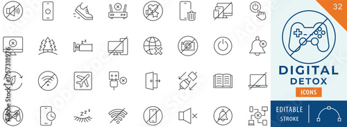 Digital Detox icon collection set. Editable stroke.