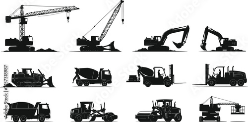 Construction machinery silhouettes, crane, excavator, bulldozer, concrete mixer, forklift, grader, roller, heavy equipment, industrial vehicles, black white illustration