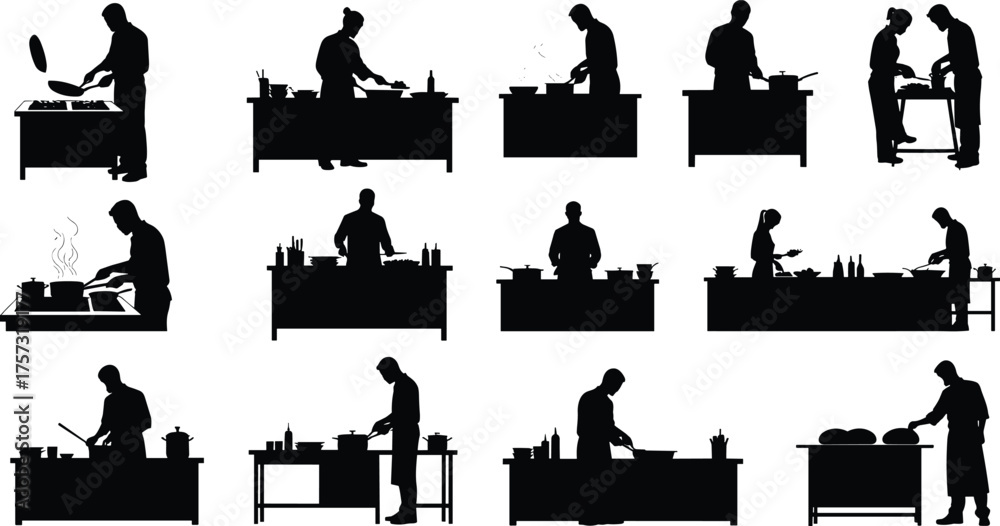 Fototapeta premium Cooking silhouette illustration set, chef preparing food, kitchen activity, culinary art, cooking process, restaurant design, dining and gastronomy concept