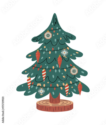 Stylized vector of a decorated Christmas tree in teal green with ornaments and lights, minimalist modern design, festive holiday illustration on transparent background