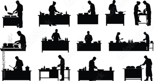 Cooking silhouette illustration set, chef preparing food, kitchen activity, culinary art, cooking process, restaurant design, dining and gastronomy concept