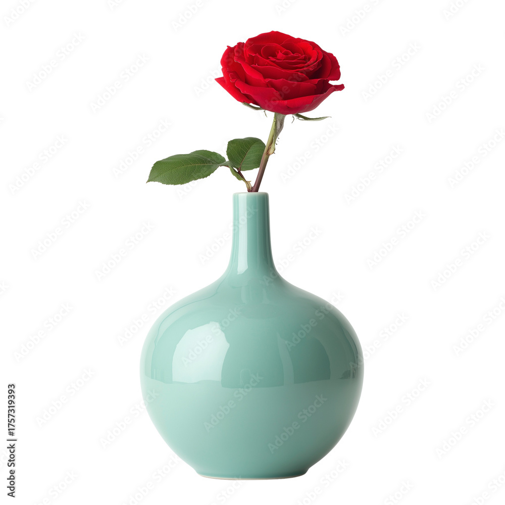 Fototapeta premium Single red rose in a light blue ceramic vase isolated on black for elegant floral display isolated on transparent background