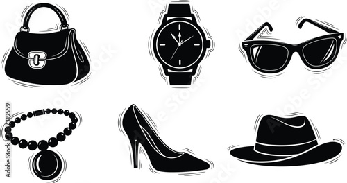 Fashion accessories icon set, handbag illustration, wristwatch design, sunglasses silhouette, necklace jewelry, high heel shoe, stylish hat vector