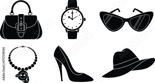 Fashion accessories silhouette set, handbag illustration, wristwatch design, sunglasses style, necklace jewelry, high heel shoe, wide brim hat vector