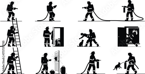 Firefighter silhouettes with rescue operations, fire hose, extinguisher, ladder climbing, emergency response, saving lives, fire safety, bravery, teamwork, protection