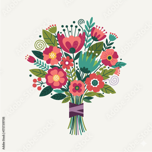 A vibrant and stylized illustration of a decorative floral bouquet with colorful blossoms and leaves