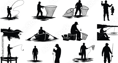 Fishing silhouette collection, fisherman casting rod, catching fish, rowing boat, net fishing, outdoor recreation, angler activity, black white illustration