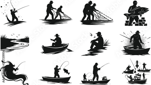 Fishing silhouettes collection, fisherman casting line, net fishing teamwork, boat fishing, river scene, dock fishing, mermaid, lighthouse, maritime illustration