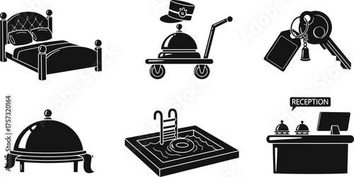 Hotel service icon set, hospitality amenities illustration, bed room design, luggage cart, swimming pool, reception desk, concierge and travel concept