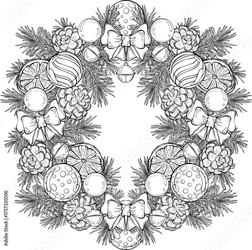 Christmas or New Year wreath with pine cones, tree balls, dried orange slices. For Christmas card, poster, holiday design element. Vector illustration in hand drawn style. Line art isolated on white