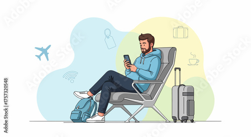 Man Relaxing At The Airport Using Mobile Phone While Waiting