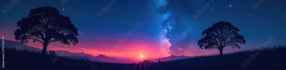 Fototapeta premium Silhouetted trees against a starlit sky, crickets chirping, conveying a sense of peaceful nocturnal spirituality , calm, soul searching, night