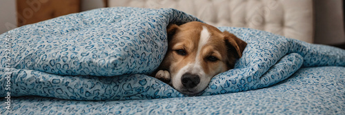 A sleepy golden-red dog is nestled comfortably in a blue bed with floral patterned pillows, eyes closed in peaceful slumber. Banner
