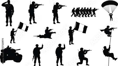 Military silhouettes, soldier icons, paratrooper, tank, rifle aiming, saluting, marching formation, rappelling, machine gun, flag bearer, combat readiness, defense vector set