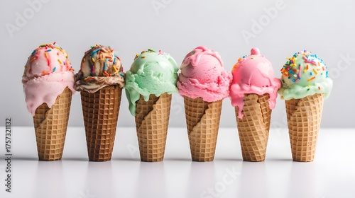 bright flat lay image of five assorted colourful ice cream cones in wafer cones styled for summer party dessert marketing ice cream cone with chocolate
