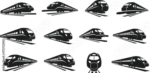 Modern train silhouette collection, high speed rail icons, black and white locomotive front view, railway transport design, metro subway illustration set