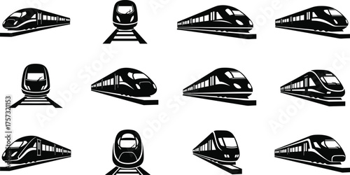 Modern train silhouette icon set, high speed rail illustration, commuter railway design, black and white transport, metro subway vector collection
