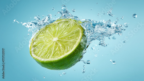 A fresh lime wedge, frozen motion with one dynamic water splash