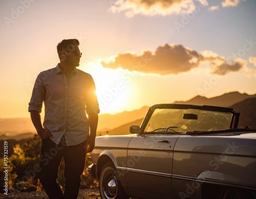 Man Standing Beside Convertible Car In Sunset Light With Mountain View