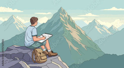 Man Sketching Mountain Landscape From Rocky Summit Destination