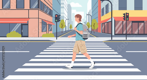 Man Walking Across Zebra Crossing In Urban Setting Illustration